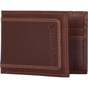🆕Men Brown Top Grain Leather Passcase Wallet, Contrasting Stitch Detail